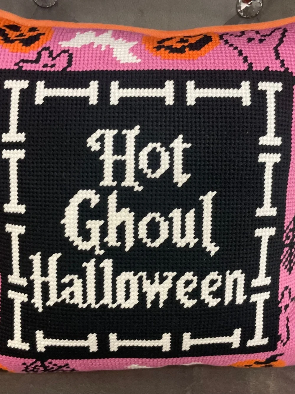 NWT Hot Ghoul Halloween Needlepoint Pillow 11 x 11